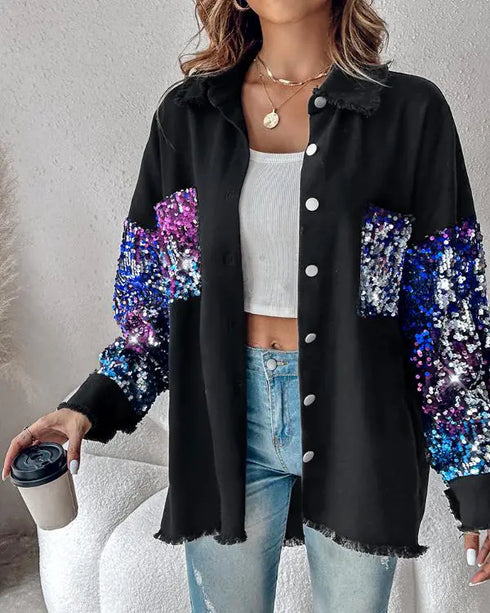 Casual Jacket Sequin Patchwork Long Sleeve Jacket Top Button Front Raw Hem Oversized Denim Shacket black