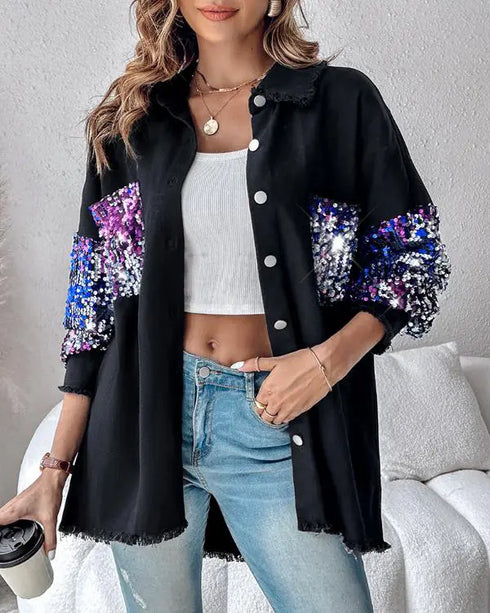 Casual Jacket Sequin Patchwork Long Sleeve Jacket Top Button Front Raw Hem Oversized Denim Shacket black