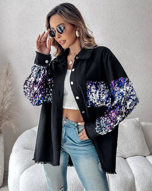 Casual Jacket Sequin Patchwork Long Sleeve Jacket Top Button Front Raw Hem Oversized Denim Shacket black