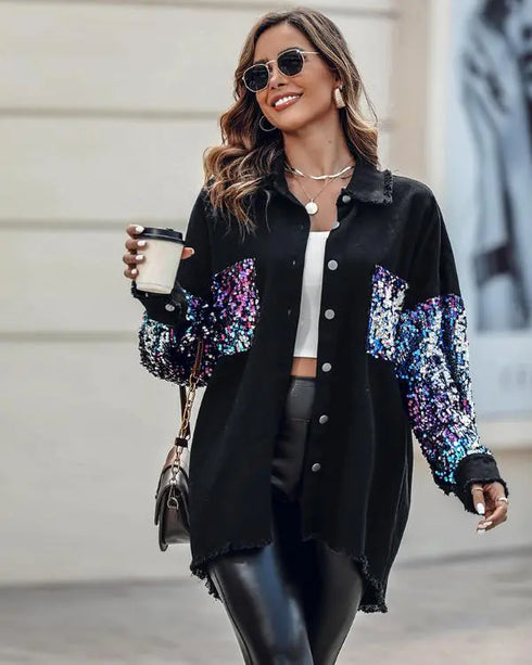 Casual Jacket Sequin Patchwork Long Sleeve Jacket Top Button Front Raw Hem Oversized Denim Shacket black