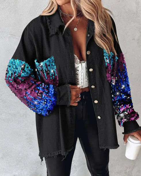 Sequin Decor Turn-down Collar Button Front Pockets Design Denim Coat Casual Fuzzy Spliced Raw Trim Shacket black