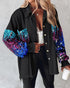 Sequin Decor Turn-down Collar Button Front Pockets Design Denim Coat Casual Fuzzy Spliced Raw Trim Shacket black