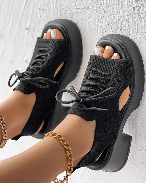 Lace-up Hollow Out Platform Wedge Sandals black