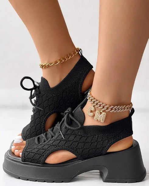 Lace-up Hollow Out Platform Wedge Sandals black