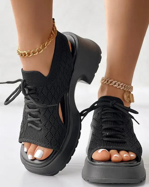 Lace-up Hollow Out Platform Wedge Sandals black
