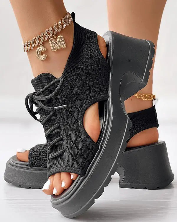Lace-up Hollow Out Platform Wedge Sandals black