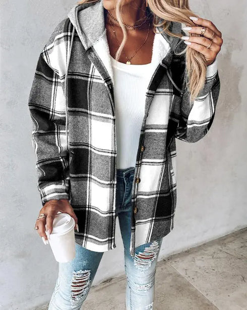 Plaid Print Long Sleeve Button Front Drawstring Hoodie Jacket Casual Pocket Design Thermal Lined Warm Coat black