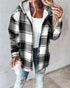 Plaid Print Long Sleeve Button Front Drawstring Hoodie Jacket Casual Pocket Design Thermal Lined Warm Coat black