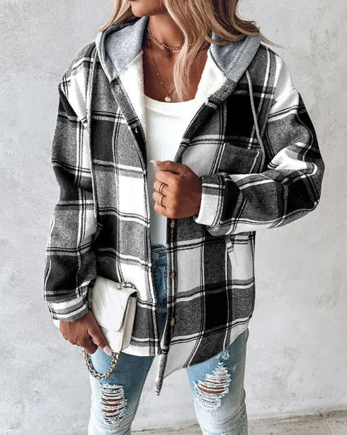 Plaid Print Button Front Pocket Design Drawstring Hoodie Jacket Casual Asymmetrical Hem Thermal Lined Warm Coat black