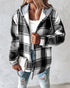 Plaid Print Button Front Pocket Design Drawstring Hoodie Jacket Casual Asymmetrical Hem Thermal Lined Warm Coat black