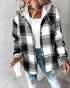 Plaid Print Long Sleeve Button Front Drawstring Hoodie Jacket Casual Pocket Design Thermal Lined Warm Coat black