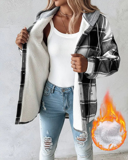 Plaid Print Button Front Pocket Design Drawstring Hoodie Jacket Casual Asymmetrical Hem Thermal Lined Warm Coat black