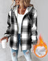 Plaid Print Long Sleeve Button Front Drawstring Hoodie Coat Casual Pocket Design Thermal Lined Shirt Coat black