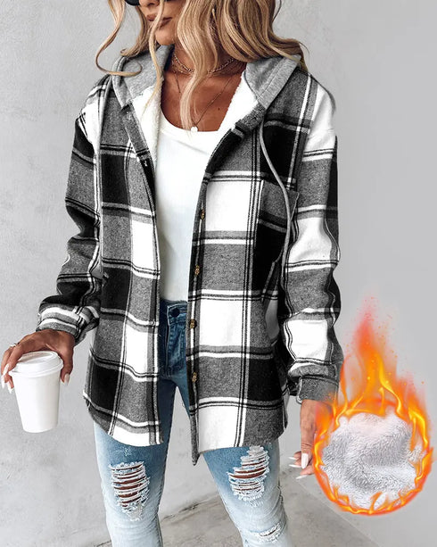 Plaid Print Button Front Pocket Design Drawstring Hoodie Jacket Casual Asymmetrical Hem Thermal Lined Warm Coat black