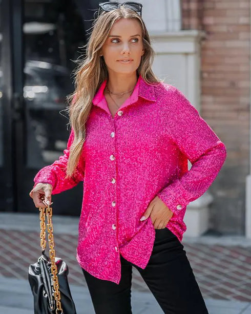 Allover Sequin Button-down Long Sleeve Shirt Top hot pink