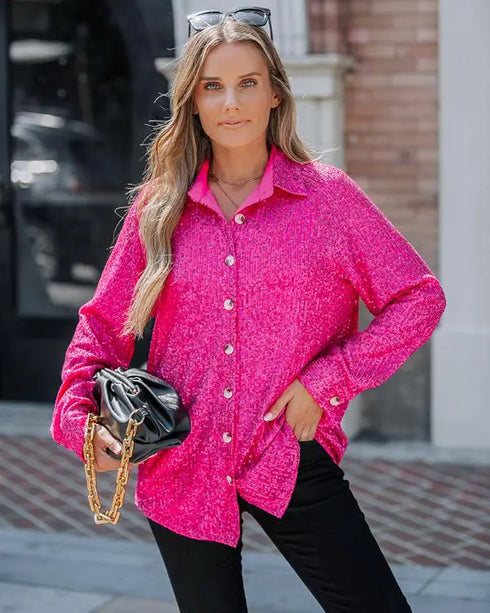 Allover Sequin Button-down Long Sleeve Shirt Top hot pink