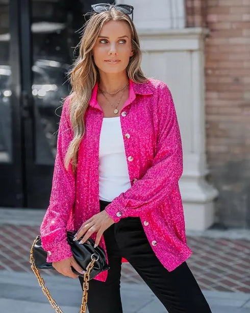 Allover Sequin Button-down Long Sleeve Shirt Top hot pink