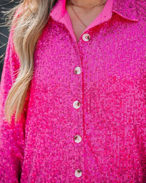 Allover Sequin Button-down Long Sleeve Shirt Top hot pink