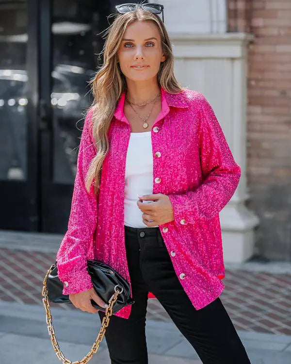 Allover Sequin Button-down Long Sleeve Shirt Top hot pink