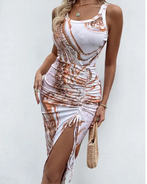Marble Print Ribbed Drawstring Ruched High Slit Dress Apricot