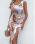 Marble Print Ribbed Drawstring Ruched High Slit Dress Apricot