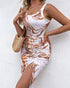 Marble Print Ribbed Drawstring Ruched High Slit Dress Apricot