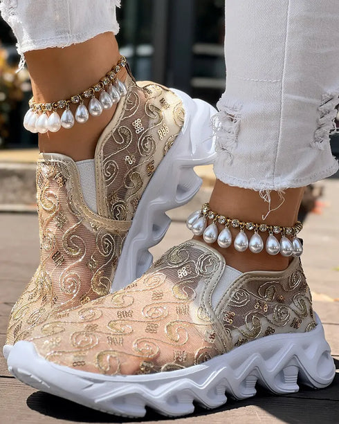 Sequined Mesh Breathable Lightweight Sole Slip-On Casual Flat Sneakers gold