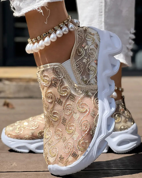 Sequined Mesh Breathable Lightweight Sole Slip-On Casual Flat Sneakers gold