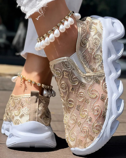 Sequined Mesh Breathable Lightweight Sole Slip-On Casual Flat Sneakers gold