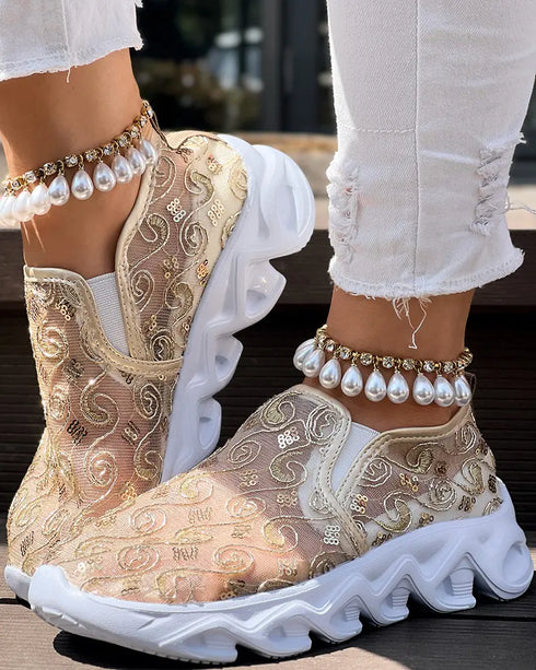 Sequined Mesh Breathable Lightweight Sole Slip-On Casual Flat Sneakers gold
