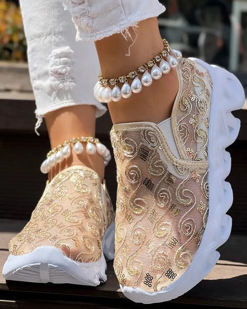 Sequined Mesh Breathable Lightweight Sole Slip-On Casual Flat Sneakers gold