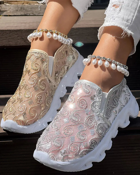 Sequined Mesh Breathable Lightweight Sole Slip-On Casual Flat Sneakers gold