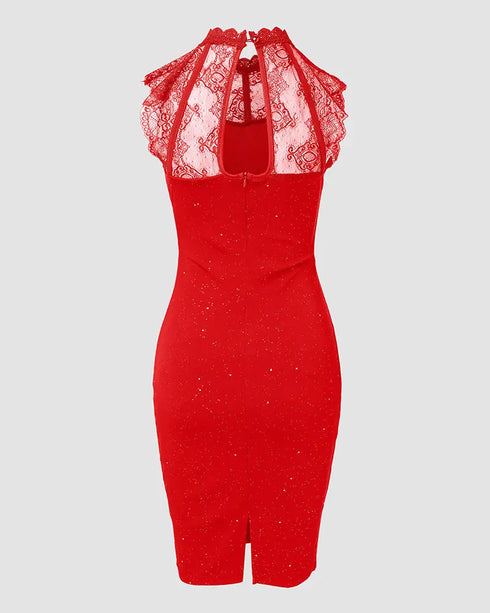 Halter Thick Strap Chic 3D Floral Dec Slim Fit Dress red