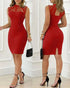 Pearls Decor Thick Strap Backless Slit Back Tank Dress Zipper Back Bodycon Dress With Belt red