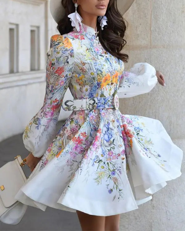 French Style Floral Print Stand Collar Lantern Sleeve Mixed-shape Button Down Dress Elegant Palace Style Cinched Waist Umbrella Hem Dress with Belt white