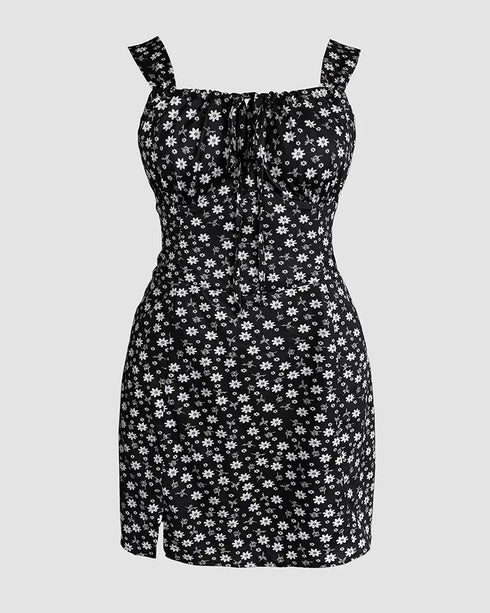 Floral Print Square Neck Thick Strap Tied Detail Romper Casual Shirred Lace-up Back Slit Skort Romper black
