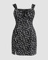 Floral Print Square Neck Thick Strap Tied Detail Romper Casual Shirred Lace-up Back Slit Skort Romper black