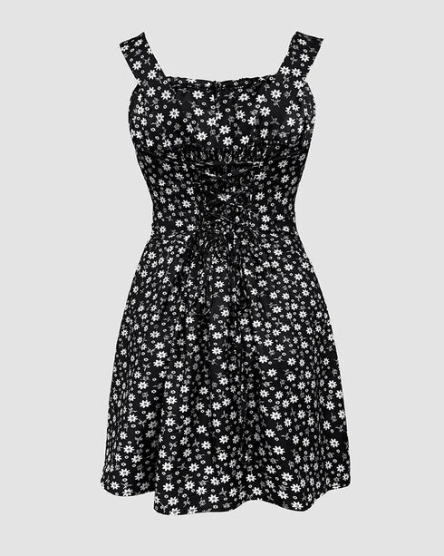 Floral Print Square Neck Thick Strap Tied Detail Romper Casual Shirred Lace-up Back Slit Skort Romper black