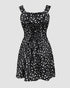 Floral Print Square Neck Thick Strap Tied Detail Romper Casual Shirred Lace-up Back Slit Skort Romper black