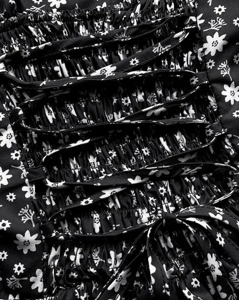Floral Print Square Neck Thick Strap Tied Detail Romper Casual Shirred Lace-up Back Slit Skort Romper black
