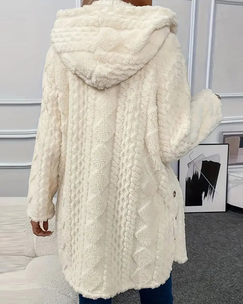 Argyle Textured Button Down Side Slit Long Sleeve Fleece Teddy Coat Hooded Jacket Warm Outwear Apricot