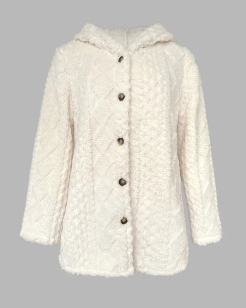 Argyle Textured Button Down Side Slit Long Sleeve Fleece Teddy Coat Hooded Jacket Warm Outwear Apricot