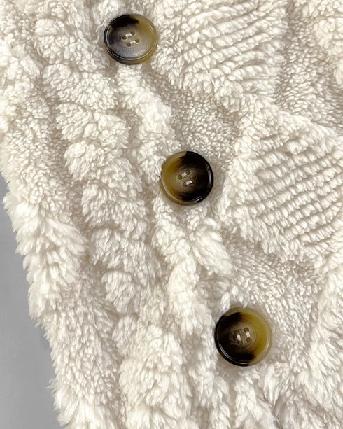 Argyle Textured Button Down Side Slit Long Sleeve Fleece Teddy Coat Hooded Jacket Warm Outwear Apricot