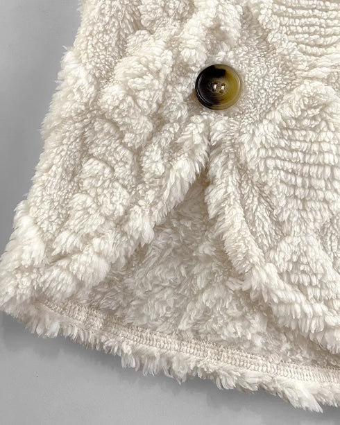 Argyle Textured Button Down Side Slit Long Sleeve Fleece Teddy Coat Hooded Jacket Warm Outwear Apricot