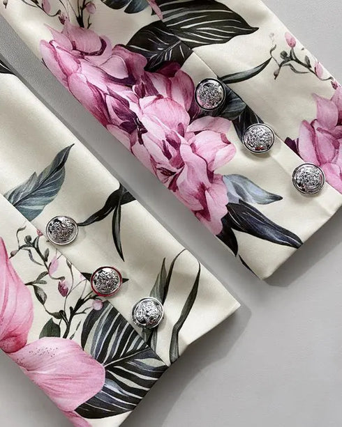 2 Pieces Outfit Floral Print Notched Collar Double Breasted Crop Blazer and Elastic Back Waist Side Zipper Asymmetrical Hem A Line Skorts Set light yellow