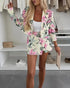 2 Pieces Outfit Floral Print Notched Collar Double Breasted Crop Blazer and Elastic Back Waist Side Zipper Asymmetrical Hem A Line Skorts Set light yellow