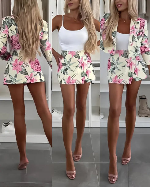 2 Pieces Outfit Long Sleeve Turn-down Collar Blazer and Casual Faux Two Piece Slit Skort Set light yellow