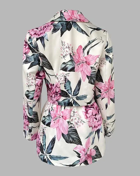 2 Pieces Outfit Floral Print Notched Collar Double Breasted Crop Blazer and Elastic Back Waist Side Zipper Asymmetrical Hem A Line Skorts Set light yellow