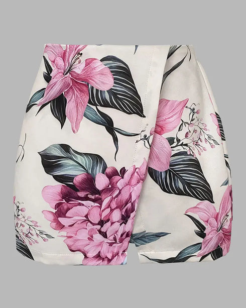 2 Pieces Outfit Floral Print Notched Collar Double Breasted Crop Blazer and Elastic Back Waist Side Zipper Asymmetrical Hem A Line Skorts Set light yellow