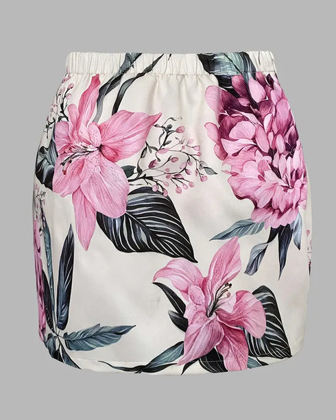 2 Pieces Outfit Floral Print Notched Collar Double Breasted Crop Blazer and Elastic Back Waist Side Zipper Asymmetrical Hem A Line Skorts Set light yellow